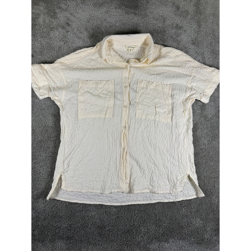 Max Studio Cream Crinkle Gauze Button Down Shirt Short Sleeve Pockets Small